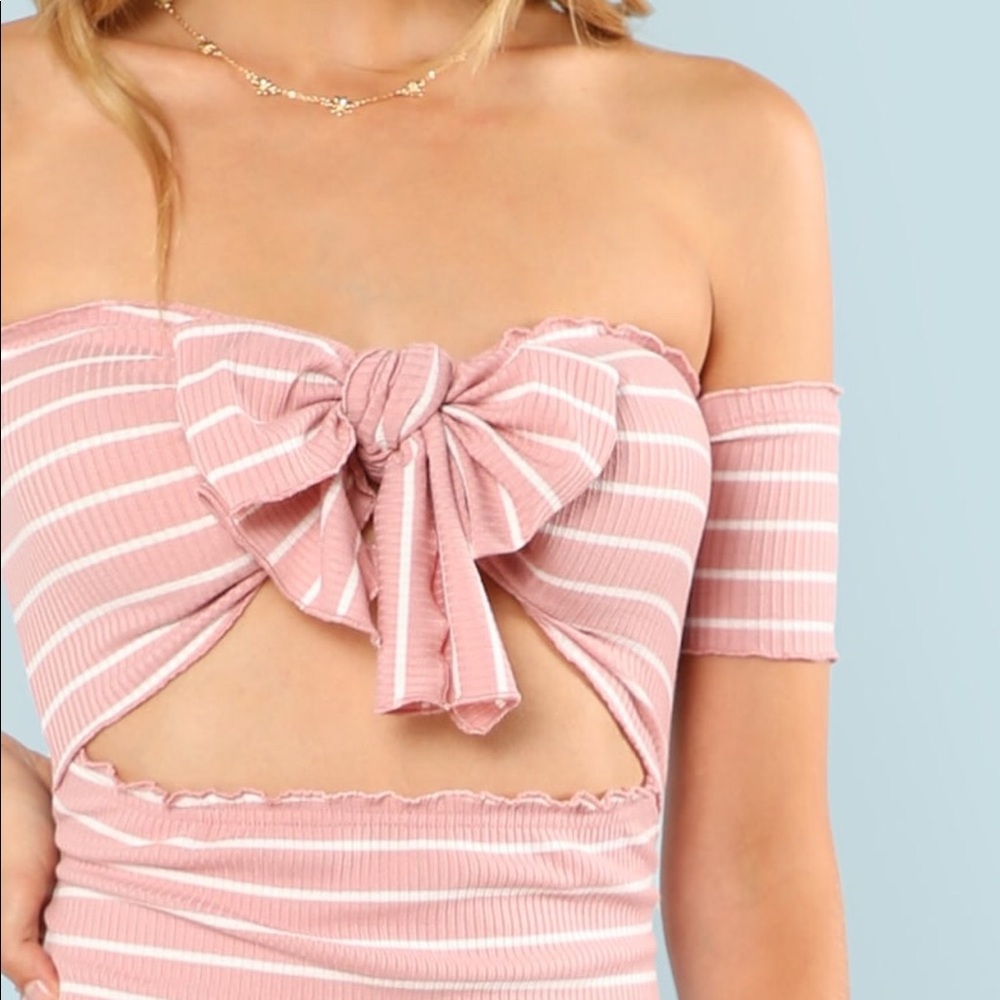 Tie Front Off Shoulder Pink Dress - Picture 3 of 6